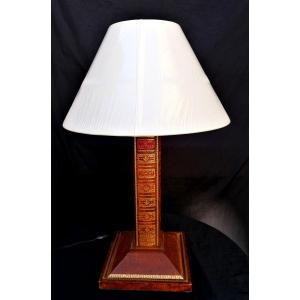 Desk Lamp - Trompe l'Oeil - Leather Cover - Book Spine - Petit Iron Decoration - Circa 1970