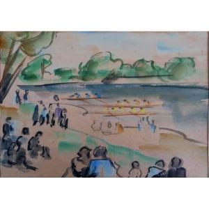 Watercolor - Regattas - Lively Riverbank - Neo-impressionism - Circa Early 20th Century