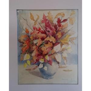 Watercolor - Bouquet Of Autumn Leaves - Signed Chaix - 20th Century