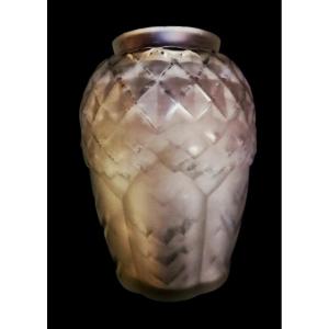 Andre Hunebelle - Molded And Frosted Blown Vase - Art Deco Period - Foliage Model - 20th Century