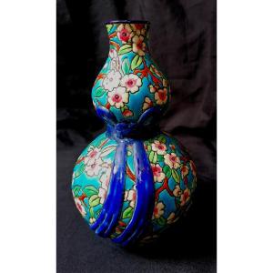 Longwy Earthenware Double Gourd Vase -decor With Enameled Apple Blossoms - Early 20th Century