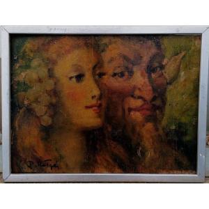 Prosper Rotge - Oil On Panel - Portrait Of Bacchus And Ariane - 20th Century - France
