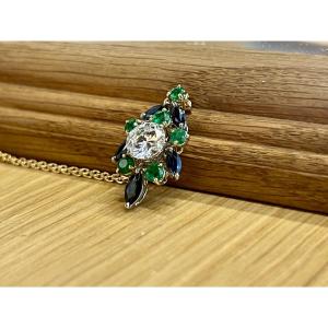 Two-tone Gold Pendant, Exceptional 1.32-carat White Diamond (e Si1 Clarity), Emeralds And Sapphires 