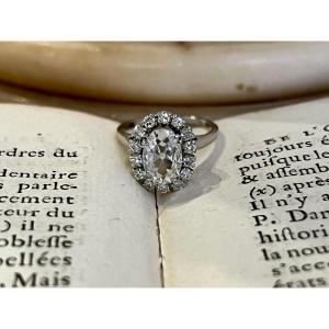 Daisy Ring In White Gold, Oval Old-cut Diamond Of 1 Ct And Diamonds Totaling 0.60 Ct