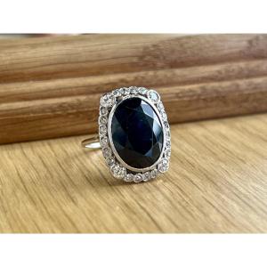 Marguerite Ring In White Gold, Platinum, 10.50 Carat Oval Sapphire And Ta Diamonds Totaling 0.60 Ct