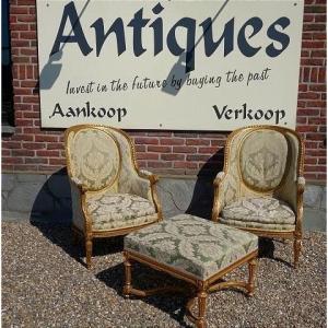 Pair Of Gilded Wooden Armchairs With Its Matching Stool