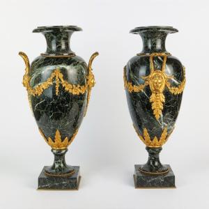 Pair Of Palatial Size Vases In Marble And Bronze