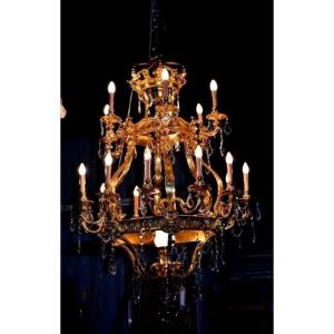 Monumental "cage" Chandelier In Gilded Bronze