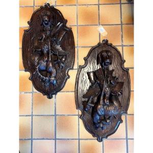 Pair Of Hunting Trophies In Carved Wood 