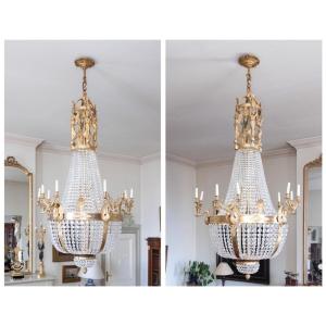 Pair Of Palatial Size Chandeliers In Bronze And Crystal