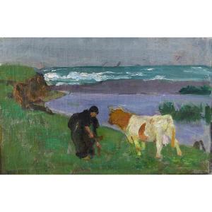 Breton School Circa 1910, Shepherdess And Cow.