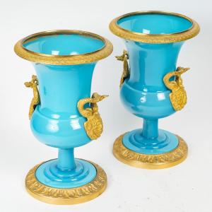 Russia: Pair Of Blue Opaline Vases, Early 19th Century.