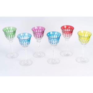 Cristal De Saint-louis - 6 Wine Glasses Tommy Model, Multicolored Lined Crystal