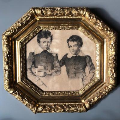 Drawing: Two Children Musicians With Violins, Louis-philippe Period