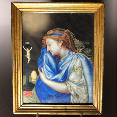 French School: '' Marie-madeleine Repentante '' Gouache On Vellum, 18th Century.