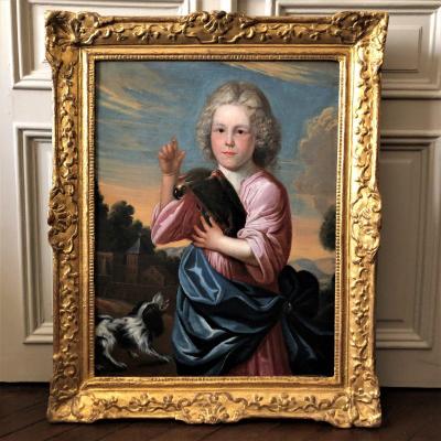 French School, Louis XIV Period, Allegorical Painting `` Child Parrot And Dog ''