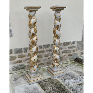 Pair Of 18th Century Torso Columns In Gray Lacquered And Regilded Wood