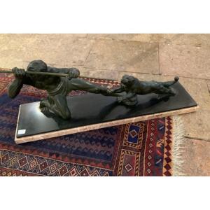 Art Deco Bronze, Hunter Attacking A Panther, Signed Salvator Mélani