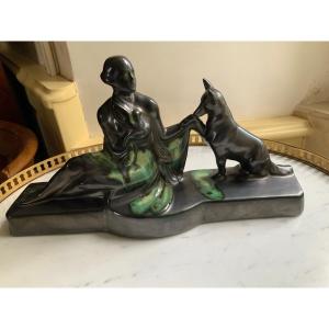 Art Deco Statue The Woman And The Dog.