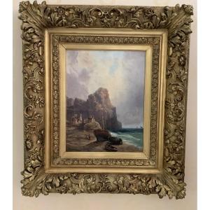 Theodore Weber 1839-1907. “boats And Fishermen At The Foot Of A Cliff In The North Sea”