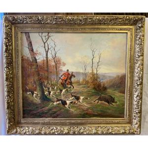 Painting, Hunting Scene, Pursuit Of The Wild Boar. Signed B. Vernat