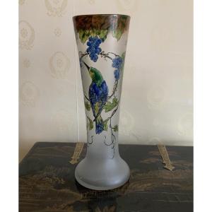 Legras, Large Cornet Vase With Enameled Decoration Of Bird And Grapes
