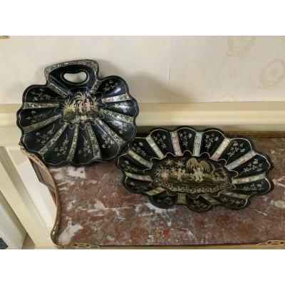 Deux Corbeilles ,papier Mâché Incrusté De Nacre