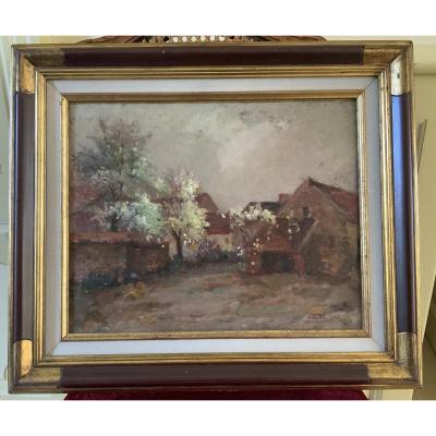 Oil On Panel, Farmyard With Blooming Pear Trees.