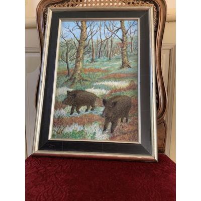 Wild Boars In Forest, Hst Signed Paul Jose Gosselin