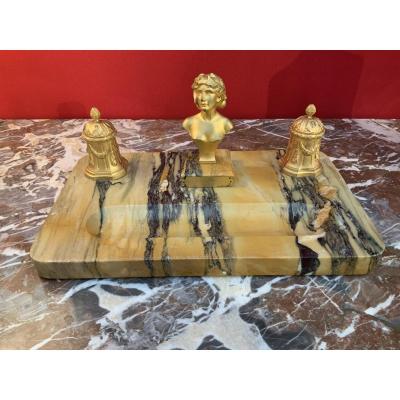 Large Inkwell In Marble And Gilt Bronze