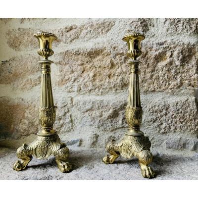 Paire De Bougeoirs En Bronze Ciselé, Époque Empire