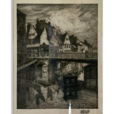 The Old Ghent Canal, Original Etching Signed Pierre Paul Boissard