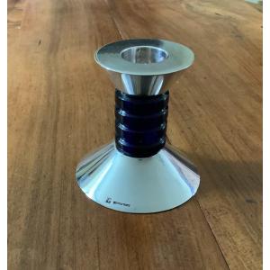 Puiforcat, Art Deco Candlestick, Silver Metal And Lapis Lazuli.