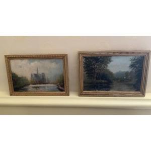 The Cathedral Of Amiens And Milly Sur Seine, 2 Small Impressionist Oils On Panel
