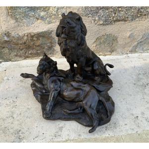 Léon Bureau .lion And Lioness On A Rock