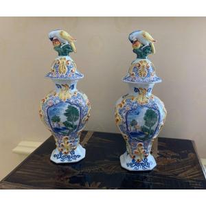 Pair Of 18th Century Delft Covered Vases (manufacture De Drie Klokken 1670-1841)
