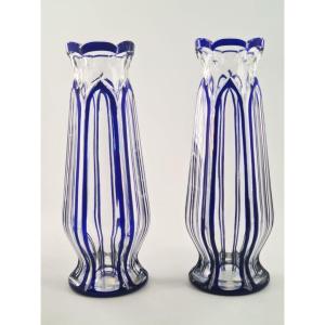  Pair Of Blue Lined Saint Louis Crystal Vases