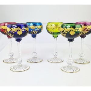 Suite Of 12 Rhine Wine Glasses (roemers), In Saint Louis Crystal, Massenet Gold Model.