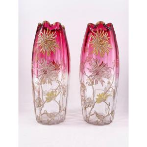 Pair Of Enameled Vases, Late 19th Century, Legras, Olga Model.