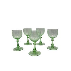Set Of 5 Engraved And Green-lined Crystal Rhine Wine Glasses, Lobmeyr, Vienna.