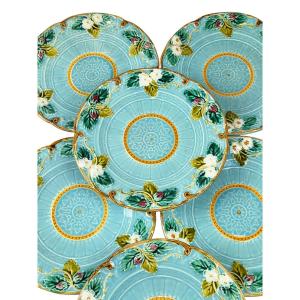 Set Of 6 Dessert Plates In Barbotine, Majolica, Sarreguemines France.