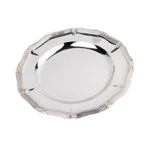 Round Silver Dish By Goldsmith Odiot Paris, With Coat Of Arms Under A Count's Crown.