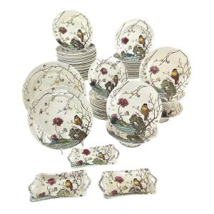 English Polychrome Earthenware Dinner Service, Late 19th Century, 65 Pieces.