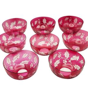 Set Of 8 Double-layered Crystal Bowls Decorated With Holly, 19th Century