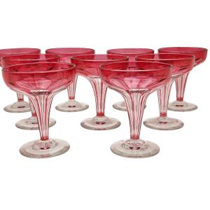  Set Of 9 Baccarat Crystal Champagne Coupes, Lined With Rose-colored Glass.