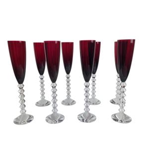 Set Of 8 Baccarat Rubis Crystal Flutes, Flutissimo Vega Model.