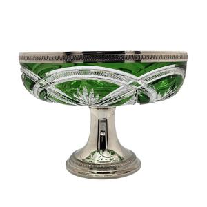 Baccarat Crystal Bowl Lined In Green, Mounted In Silver.
