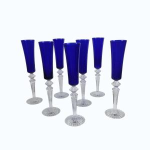 Set Of 7 Blue Baccarat Crystal Flutes, Mille Nuits Model.