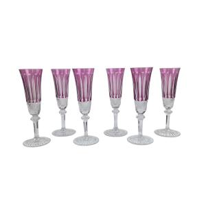 Set Of 6 Saint Louis Crystal Champagne Flutes, Tommy Model, Amethyst Colour.