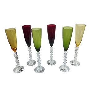 Set Of 6 Baccarat Crystal Flutes, Flutissimo Vega Model, 3 Colours.